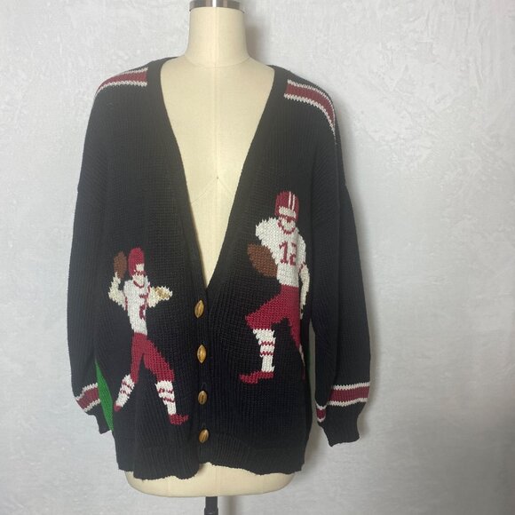 VTG Texas A&M Black Football Cardigan Sweater With Football Player Graphics & St - Picture 2 of 8